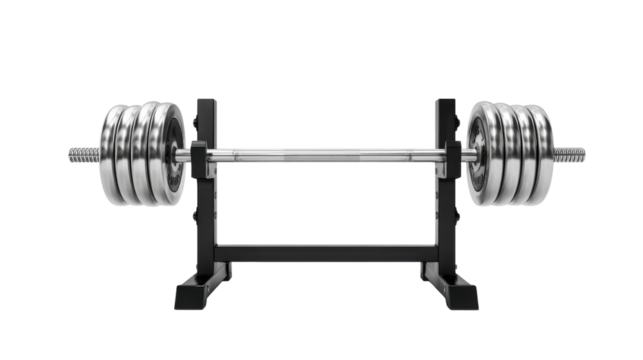 Heavy metal barbell loaded with multiple weight plates positioned securely on gym rack for strength training and professional fitness workouts on white background - Powered by Adobe
