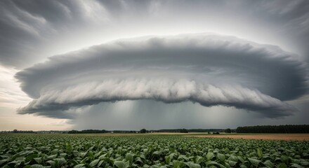 Ominous storm cloud hangs over a lush green field in a dramatic landscape
