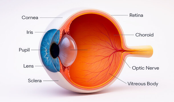 Diabetic retinopathy, eye, medical illustration with symbols