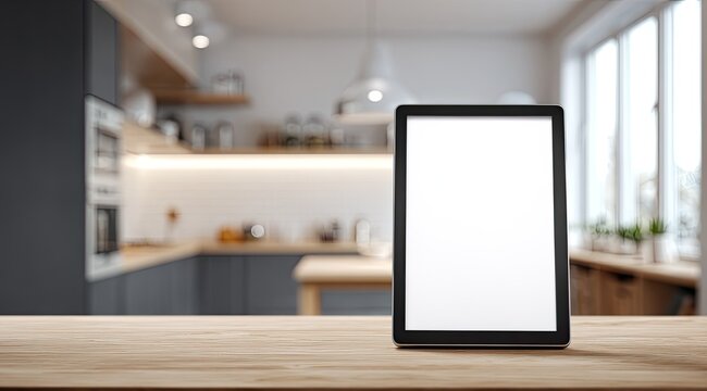 A tablet computer with a blank screen sits on a wooden kitchen counter, in front of a softly focused modern kitchen interior - Powered by Adobe