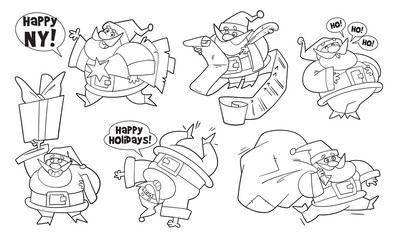Funny Santa Claus characters in different poses. Cartoon Christmas illustration for coloring book or holiday design. Vector line art of festive Santa with gifts and decorations. Funny characters