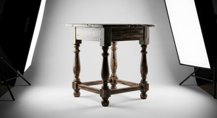 Ornate wooden table, four legs, aged finish, studio lighting setup