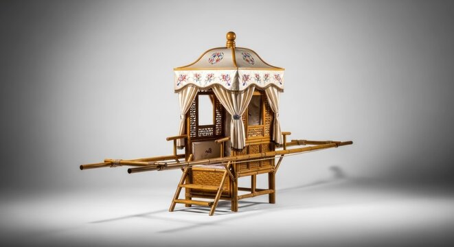 Ornate palanquin with canopy, curtains, and long bamboo poles