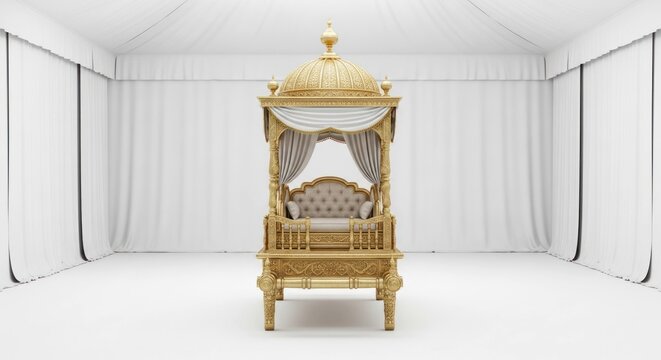 Ornate golden palanquin with white drapery, centered in white tent