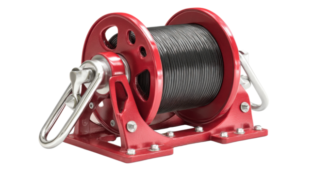 Heavy-duty industrial metal cable reel featuring red frame and durable wound wire coil for mechanical, construction, and workshop applications on white background
