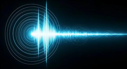Abstract glowing blue sound wave with circular ripples on a dark background