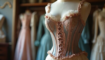 Vintage corset displayed on mannequin. Delicate lace trim accents bodice lacing. Other gowns visible in background. Tailoring atelier setting suggests fashion history.