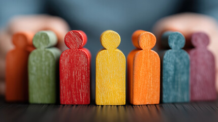 Businessman covering wooden human figures representing commitment to employee protection and rights