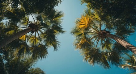 Palm trees view reaching up to the bright blue sky