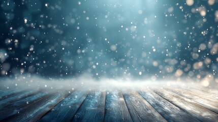 Winter landscape with softly falling snowflakes over empty wooden floor, blurred blue background with sparkling snow creating serene and frosty atmosphere