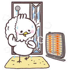 おフロ上がりにストーブで脱衣所暖めている白い鳥のイラスト © おひさまストック