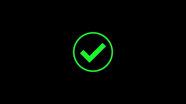 Green Check Mark Inside Circle with Dashed Sunburst on Black Background tick correct