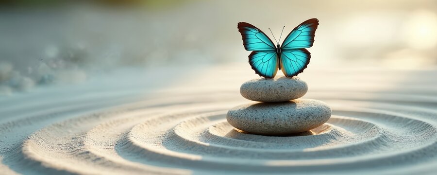 Turquoise butterfly rests on pebble zen stones in sand garden with ripple pattern. Visual represents relaxation, calm, peace, nature. Tranquil scene conveys balance, inner harmony for spiritual mind.