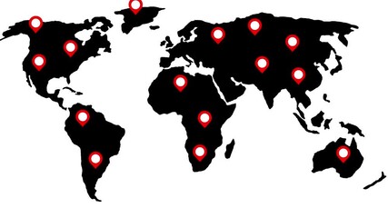 World map in black with red location pins on a white background Keywords: world map, global, international, locations, pins, red, black, white background, geography, continents, countries, travel