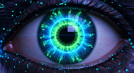 Futuristic eye with digital circuit patterns representing technology integration