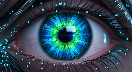 Futuristic eye with integrated technology, digital implants and circuit patterns
