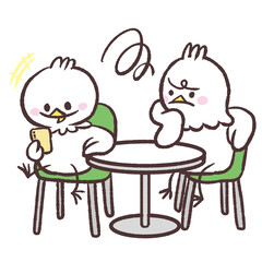 スマホに夢中な白い鳥に不満の鳥のイラスト