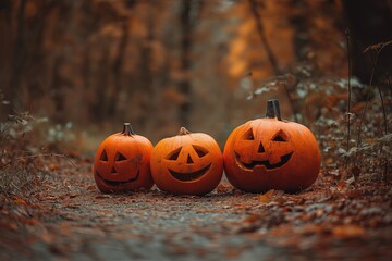 Three smiling jack-o-lanterns on a wooded park path in vibrant fall colors, highlighting Halloween concepts and autumn celebrations for use in digital backgrounds, posters, or festive promotions.