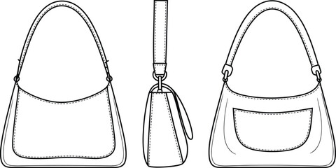 CAD drawing flat vector illustration, detailed shoulder bag technical sketch with front side and back views, fashion accessory template for production CAD 