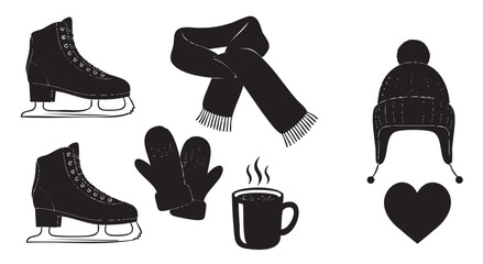 Minimalist black and white vector illustration set of cozy winter essentials including ice skates, a warm scarf, mittens, a pompom hat, a steaming mug, and a heart symbol