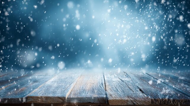 Winter landscape with softly falling snowflakes over empty wooden floor, blurred blue background with sparkling snow creating serene and frosty atmosphere
