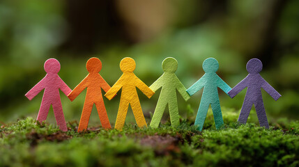 Rainbow colored paper human figures holding hands on nature background symbolizing inclusion