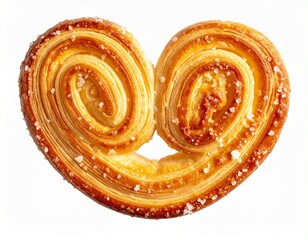 Realistic heart-shaped puff pastry cookie, golden brown with a flaky texture, glazed surface and sugar sprinkles isolated on transparent or white background.
