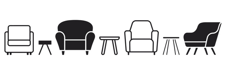 Fototapeta premium Minimalist furniture icons set: diverse armchairs, chairs, sofas, and tables in solid and outlined styles for contemporary interior design.