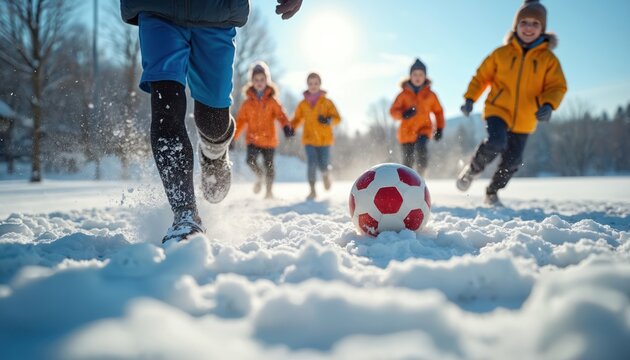 Children play soccer in snow on a clear sunny winter day. Kids in warm jackets run, kick football, splash snowflakes. Group of friends enjoy outdoor winter sports activity. - Powered by Adobe