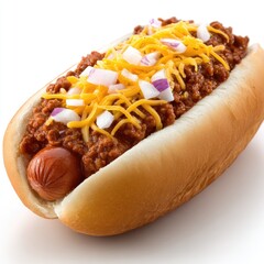 A chili dog, topped with cheese and red onion
