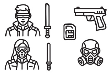 Set of black and white line icons representing a cyberpunk theme, featuring futuristic characters, weapons, a gas mask, and a data chip