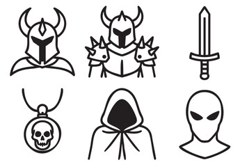 Collection of black and white line art icons for fantasy and science fiction themes, including a knight, sword, alien, skull amulet, and a mysterious hooded figure