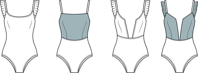 Ruffled strap swimsuit design variations, fashion technical sketch, one-piece swimwear template, cad drawing flat vector illustration for apparel designers © Creative Asif