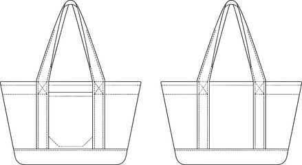 CAD drawing flat vector illustration of tote bag design with technical sewing lines, fashion accessory blueprint, reusable canvas bag template