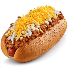 A chili dog topped with cheese and onions