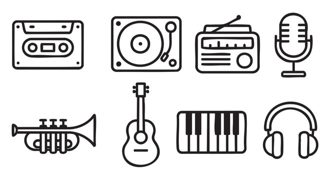 Set of minimalist black line art icons featuring retro music and audio equipment like a cassette, turntable, radio, and musical instruments