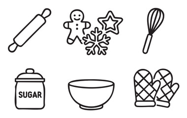 Collection of hand-drawn minimalist icons for winter holiday baking, featuring cookies, kitchen utensils, and baking ingredients