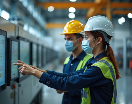 Female engineer points at control screen in factory. Male colleague discusses with. Both wear hard hats, safety vests, protective masks. Analyze production data, ensure industrial operation - Powered by Adobe