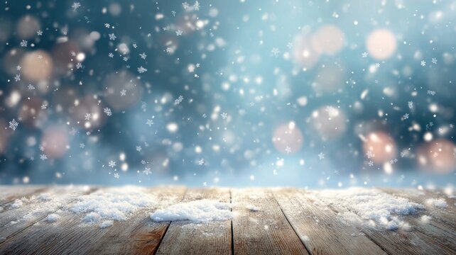 Winter landscape with softly falling snowflakes over empty wooden floor, blurred blue background with sparkling snow creating serene and frosty atmosphere