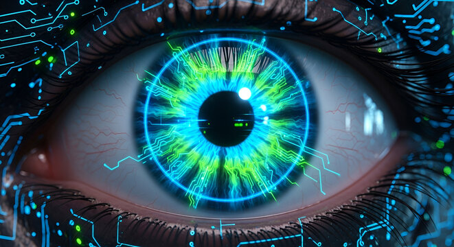 Technological Integration: A Human Eye Enhanced with Circuitry and Futuristic Interface