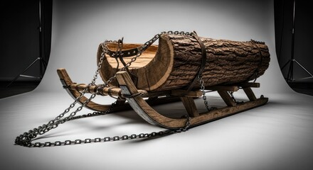 Rustic wooden sled with log seat and chain details against a neutral backdrop