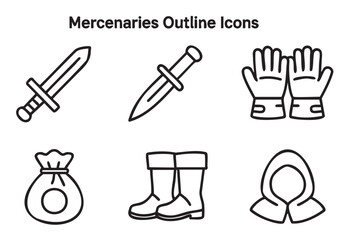Obraz premium Set of black outline icons representing a mercenary or fantasy adventurer's gear, including a sword, dagger, gauntlets, money bag, boots, and a hood