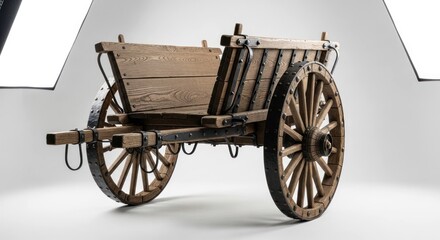 Fototapeta premium Rustic, wooden two-wheeled wagon displayed on a seamless white backdrop