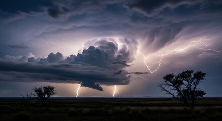 Lightning storm over a field with distant trees