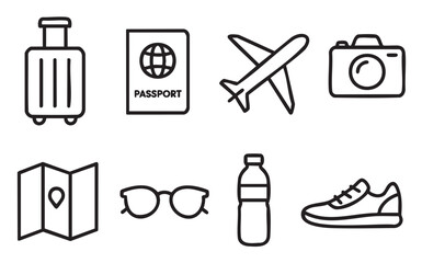 Fototapeta premium Set of black and white line icons representing travel and vacation essentials like a passport, airplane, luggage, and camera