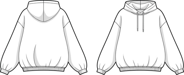 Cad drawing flat vector illustration of front and back hoodie template, technical fashion sketch, blank sweatshirt design for apparel productionCad drawing flat vector illustration