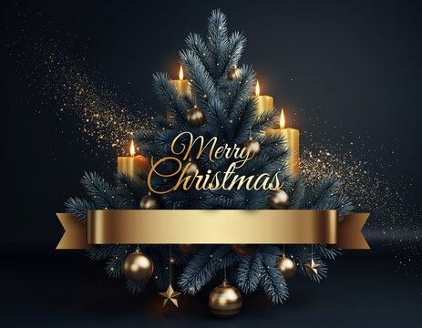 Snowy Christmas scene with frosted pine branches, warm yellow fairy lights, golden ornaments and glowing “Merry Christmas” text on a soft winter background.