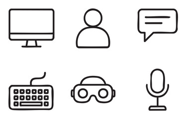 Hand-drawn doodle icon set with a monitor, user avatar, chat bubble, keyboard, VR headset, and microphone, illustrating themes of technology, communication, and virtual reality