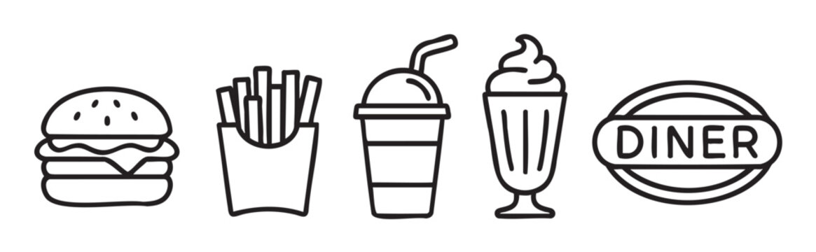 Simple vector icon collection of classic fast food items like a burger, french fries, a soft drink, and a milkshake, with a retro diner sign, drawn in a clean line art style