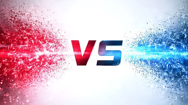 Dynamic VS graphic with red and blue particle explosions on white background
